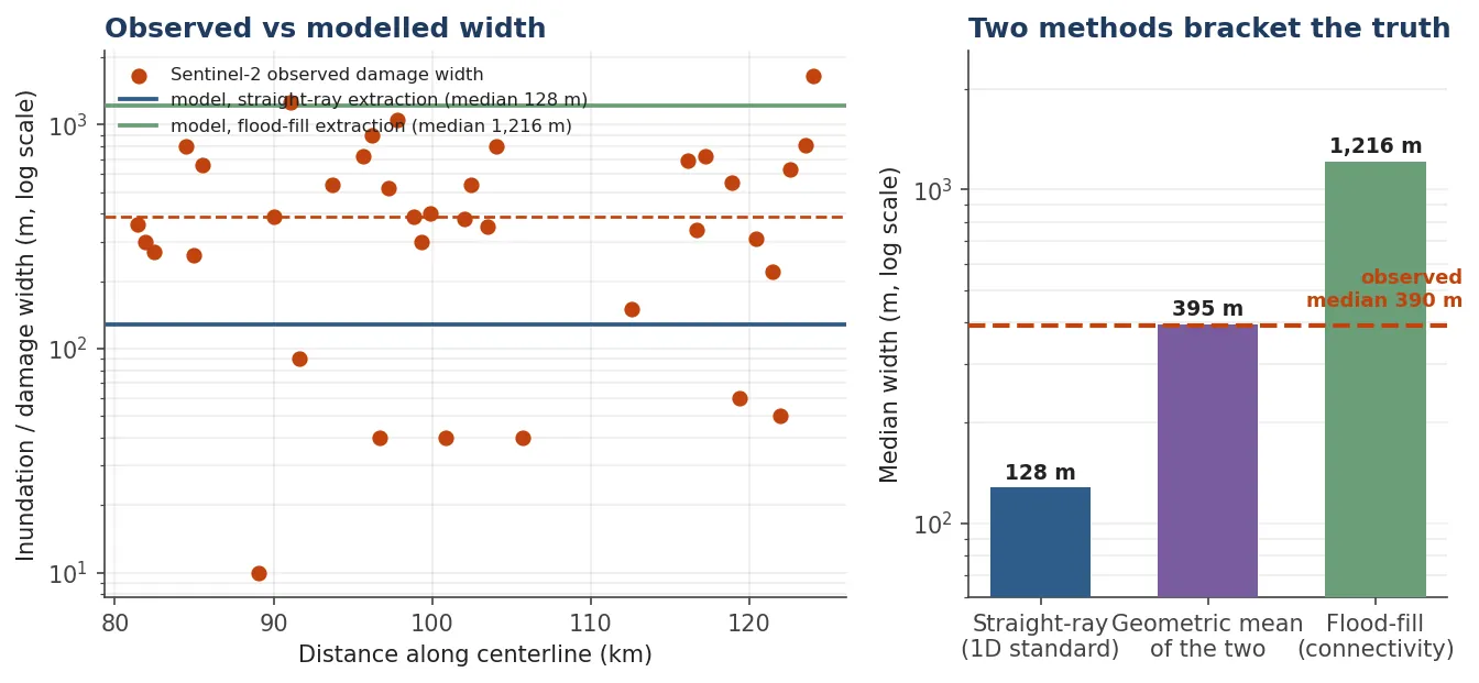 Left: scatter of Sentinel-2 observed damage widths against distance, with horizontal lines for two model extraction methods. Right: bar chart showing straight-ray extraction at 128 metres, geometric mean at 395 metres, and flood-fill at 1,216 metres against an observed median of 390 metres.
